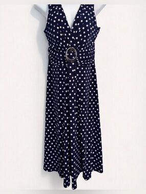 Kim Rogers Navy Polka Dot V-Neck Maxi Dress with Waist Ring Detail, Size 6